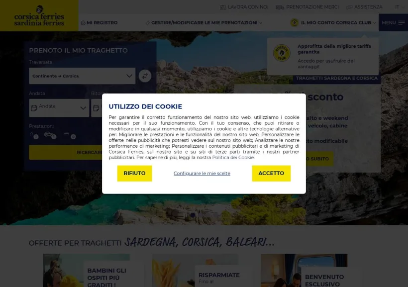 Schermata della pagina offerta di Corsica Ferries