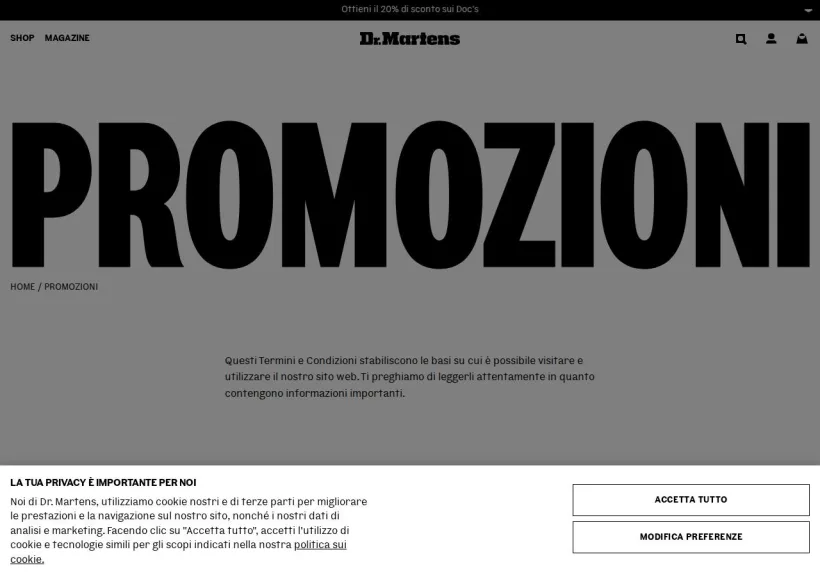 Schermata della pagina offerta di Dr Martens