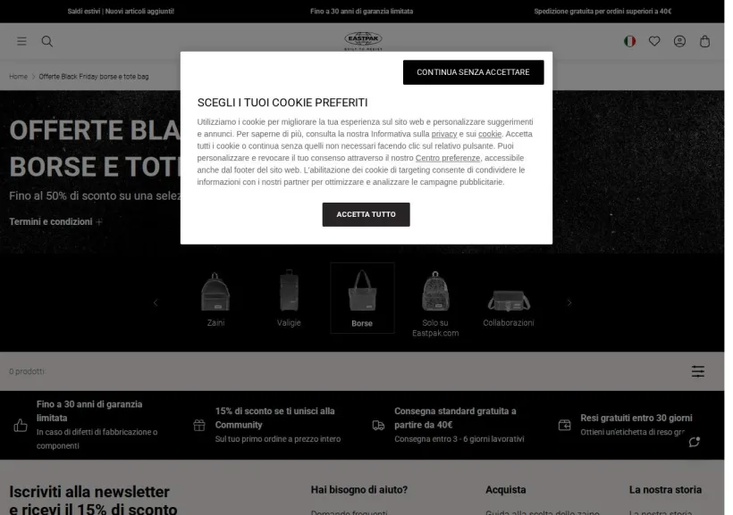 Schermata della pagina offerta di Eastpak