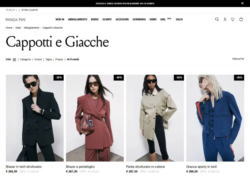 Schermata della pagina offerta di Patrizia Pepe