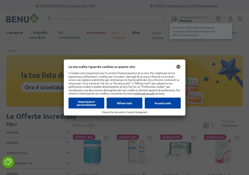 Schermata della pagina offerta di Benu Farma