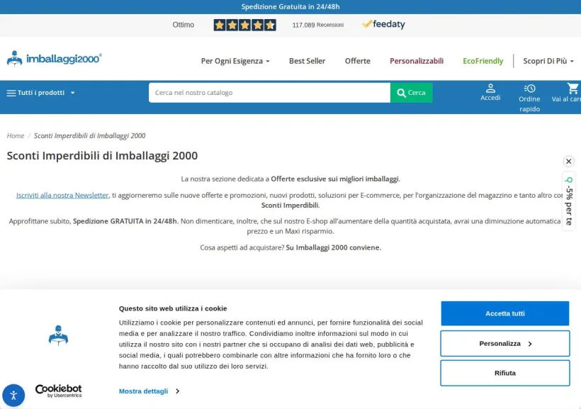 Schermata della pagina offerta di Imballaggi2000