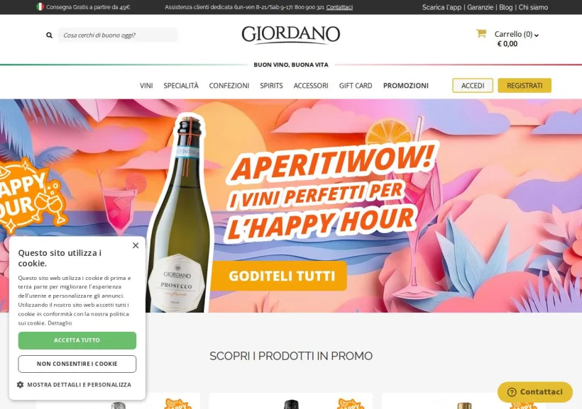 Schermata della pagina offerta di Giordano Vini