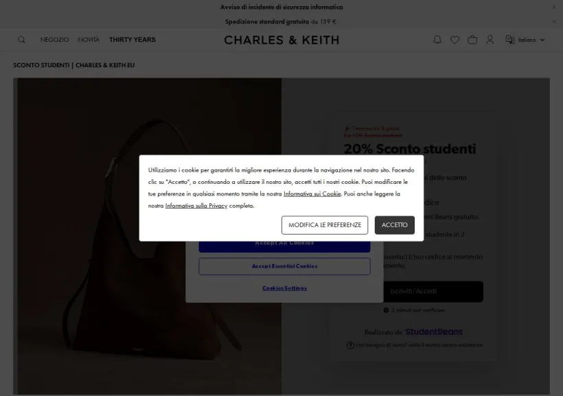 Schermata della pagina offerta di Charles & Keith