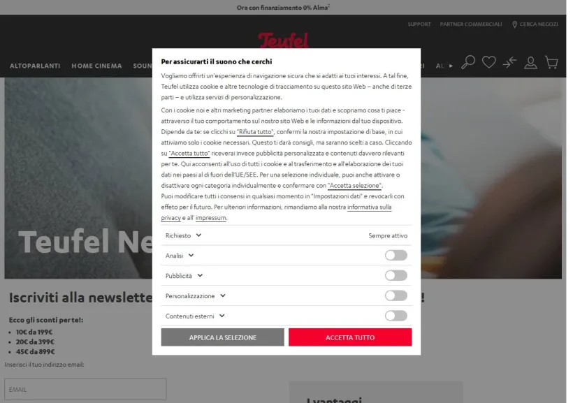 Schermata della pagina offerta di Teufel