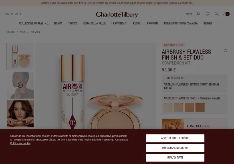 Schermata della pagina offerta di Charlotte Tilbury