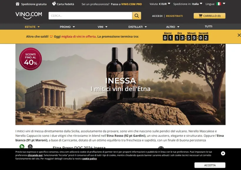 Schermata della pagina offerta di Vino.com