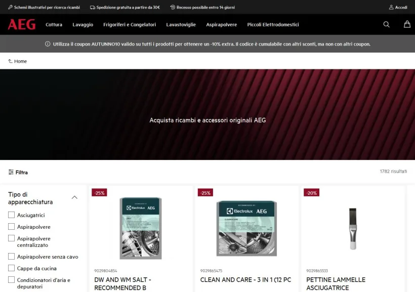 Schermata della pagina offerta di AEG