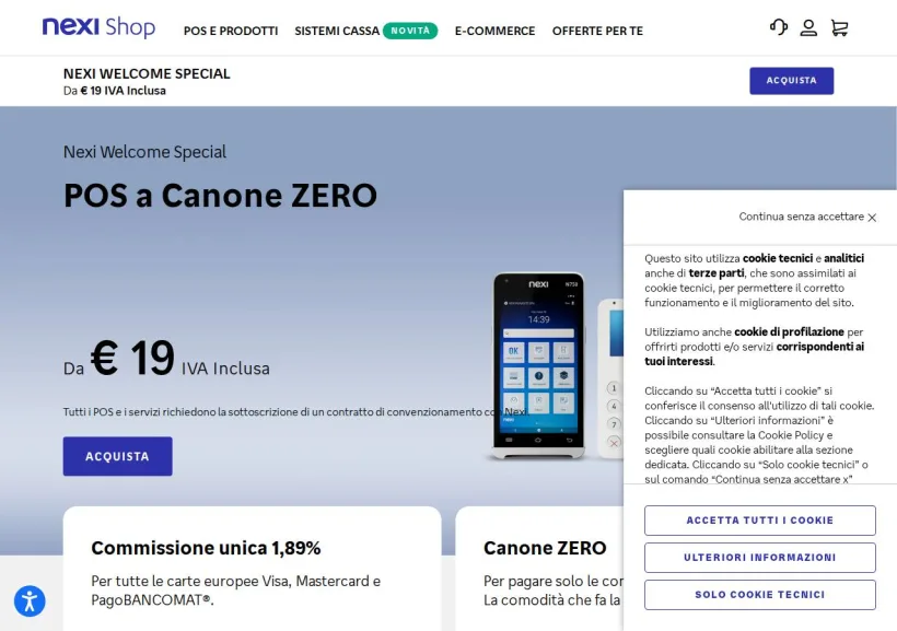 Schermata della pagina offerta di Nexi