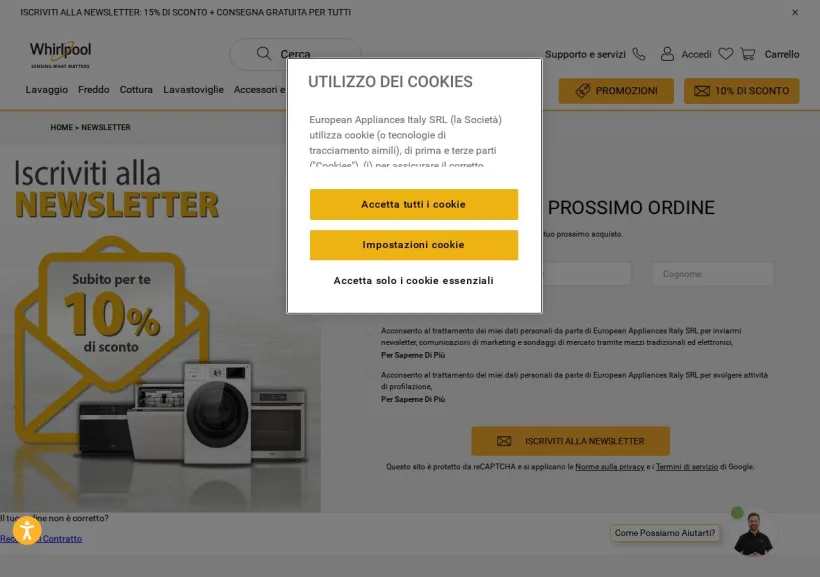 Schermata della pagina offerta di Whirlpool