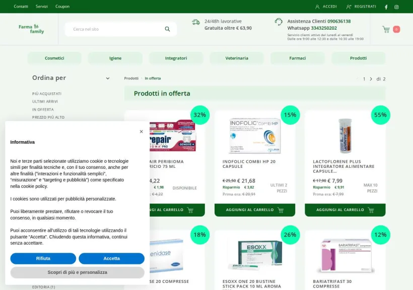 Schermata della pagina offerta di Farmafamily